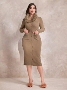 Modelyn Women's Fur Collar Button Up Cardigan - Brown - View 5