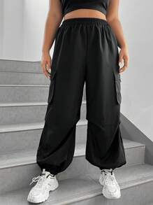 SHEIN EZwear 女款黑色梭織工裝褲 - 黑色 - 查看 1