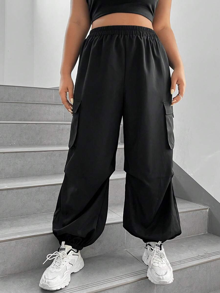 SHEIN EZwear 女款黑色梭織工裝褲 - 黑色 - 查看 1