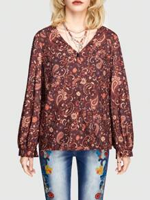 ROMWE Hippie 女用佩斯利圖案印花長袖襯衫 - 白色 - 查看 2