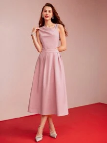 MOTF PREMIUM 编织女式不对称颈链细节褶皱连衣裙，情人节装 - 粉色 - 查看 2