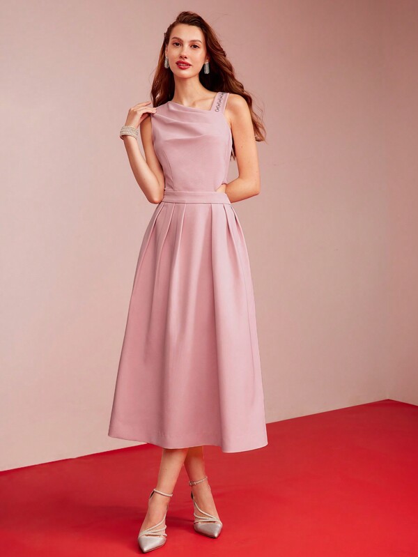 MOTF PREMIUM 编织女式不对称颈链细节褶皱连衣裙，情人节装