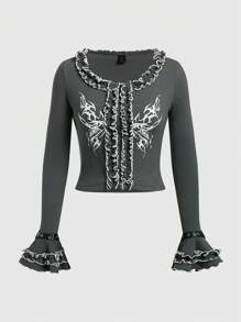 ROMWE PUNK Camiseta De Manga Ondulada Con Volantes Y Estampado De Alas Para Mujeres - Negro - Ver 1