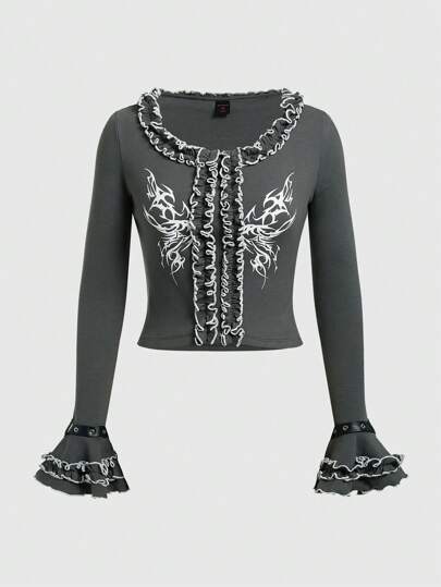 ROMWE PUNK Camiseta De Manga Ondulada Con Volantes Y Estampado De Alas Para Mujeres