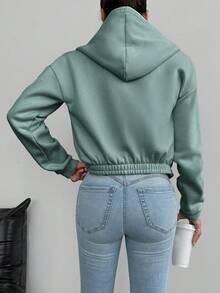 Cottnline Của phụ nữ Dây kéo mặt trước Thả vai Áo nỉ có mũ - Màu xanh Bạc hà - Xem 2