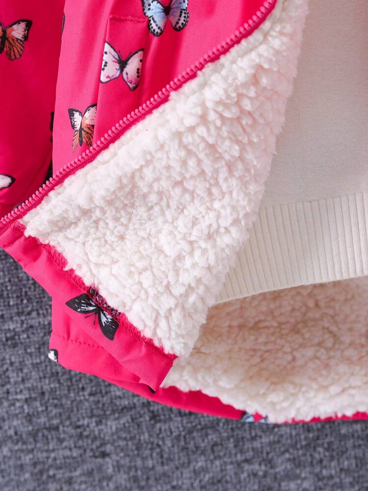 SHEIN Abrigo Acolchado Con Capucha Y Cuello De Polar Con Estampado De Mariposas Para Niña - Rosa Fucsia - Añade 8
