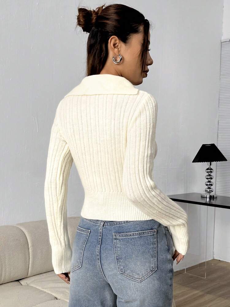 Women's Lapel Tight White Knit Pullover Fall Winter Sweater