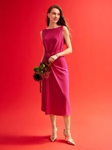 MOTF PREMIUM 编织女士褶饰立体花朵纯色连衣裙，情人节装 - 玫紅色 - 查看 3