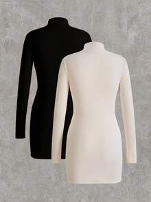 SHEIN EZwear 2入組女士立領針織肋紋長袖連衣裙 - 彩色 - 查看 2