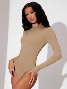 SHEIN BAE Của phụ nữ Đứng cổ áo Tay áo dài Áo liền quần chặt - Màu Khaki - Xem 5