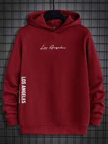 Manfinity RebelGame 男士休閒字母印花連帽衫 - 酒紅色 - 查看 1