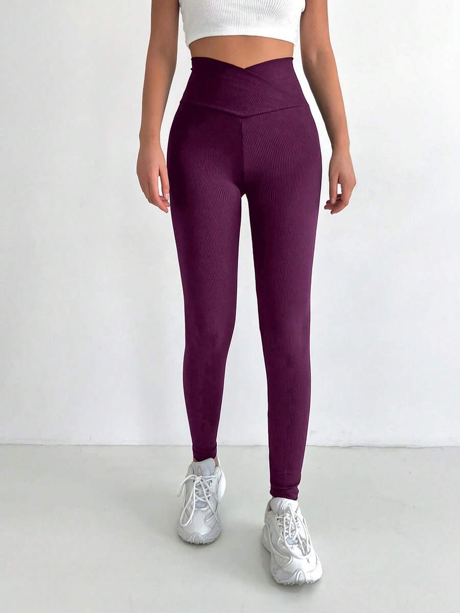SHEIN Cottnline Solid Wideband Waist Leggings - Burgundy - View 1