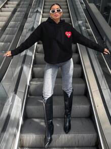 RueChic Women's Heart Pattern Hooded Sweatshirt With Drawstring - Black - View 5