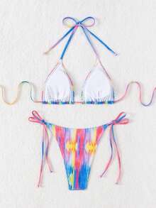女士領口連頸帶兩件式比基尼套裝，適用於音樂節 - 彩色 - 查看 4