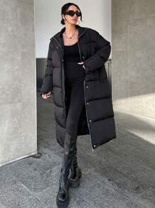EURMUSE Drop Shoulder Belted Padded Jacket - Black - View 1