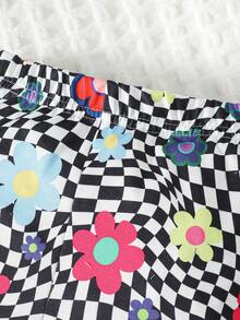 SHEIN 2 件套年轻女孩彩色菊花和黑白格子印花盖袖长袖 T 恤和长裤套装，秋冬季 - 彩色 - 查看 5