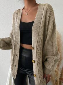 EURMUSE Cable Knit Drop Shoulder Cardigan - Mocha Brown - View 3