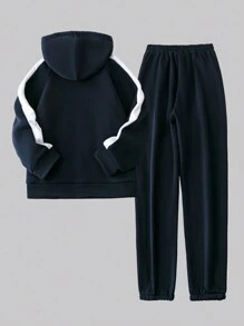 SHEIN LUNE 大碼顏色分塊束口連帽衛衣和運動長褲套裝 - 藏蓝色 - 查看 2