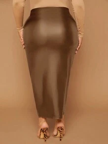 SHEIN SXY 大尺碼女士褶皺高開叉裙 - 棕色 - 查看 2