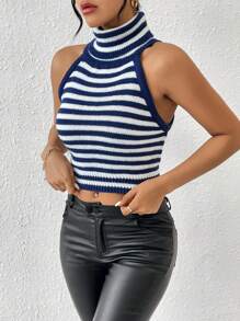 Chiquease Women's Striped High Neck Cropped Knit Top - Black and White - View 4