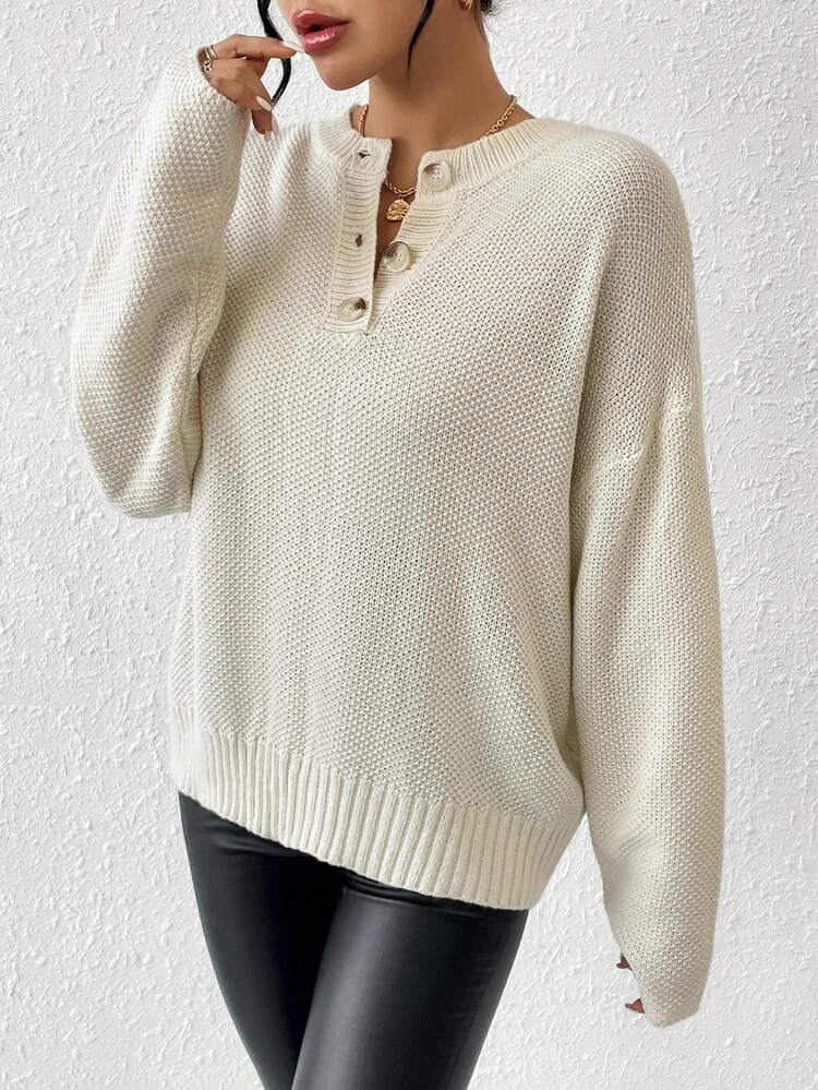 Button Half-Open Casual Sweater With Dropped Shoulder Knit Pullover Fall Winter Sweater