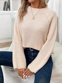 SHEIN Essnce 肋針針織圓領拉幫袖毛衣 - 米色 - 查看 4