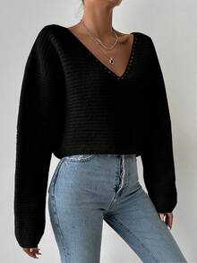 EURMUSE Maglione Oversize Da Donna Con Scollo A V Davanti E Dietro - nero - Visualizzare 3