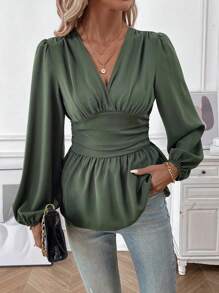 SHEIN LUNE Women's Lantern Sleeve Shirt With Ruffled Hemline - Army Green - View 5