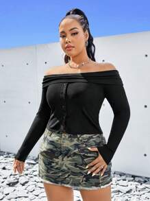 SHEIN EZwear Women's Plus Size Off-shoulder Ribbed T-shirt - Black - View 4