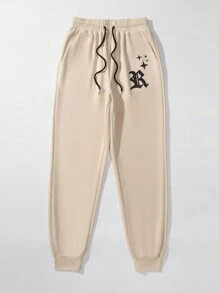 SHEIN Unity Ladies' Drawstring Waist & Cuffed Hem Casual Jogger Pants With Letter Print - Apricot - View 3