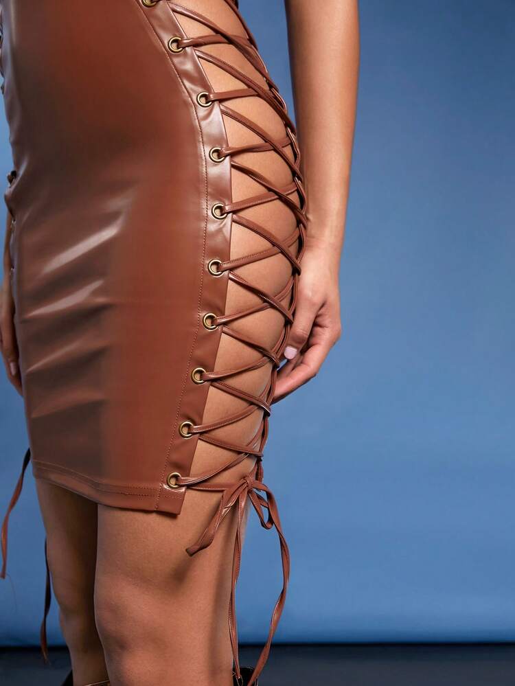 Lace Up Cut Out Side PU Leather Dress