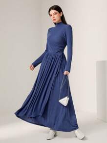 Seusyu Ladies' Solid Color Stand Collar Long Sleeve Pleated Dress Modest Dress - Blue - View 4