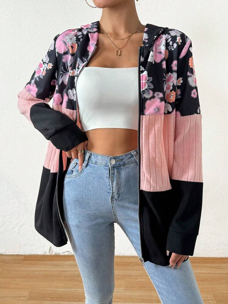 Floral Printed Colorblocked Hooded Jacket
