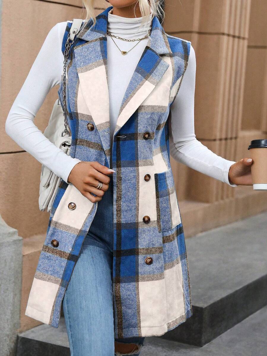 SHEIN LUNE 女款無袖格紋印花夾克 - 藍色 - 查看 1