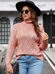 Celure Plus Size Studded High Neck Pullover Sweater - Coral Pink - View 4