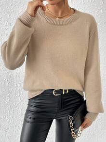 SHEIN Frenchy Ladies' Solid Color Round Neck Sweater - Camel - View 6