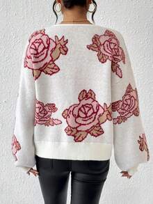 SHEIN Frenchy Floral Pattern V-neck Sweater Pullover - Pink - View 2