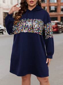 SHEIN LUNE Của phụ nữ Kích thước lớn Bảng điều khiển Sequin Dây rút Đầm có mũ - Màu xanh hải quân - Xem 3