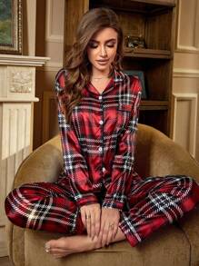 Plaid Print Satin PJ Set / Pajama Set - Red - View 4