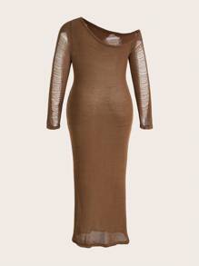 ROMWE PUNK Plus Asymmetrical Neck Ripped Sweater Dress Without Lingerie Set - Coffee Brown - View 2