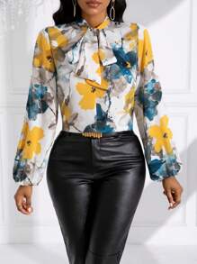 SHEIN Lady 花卉圖案綁領襯衫 - 彩色 - 查看 4