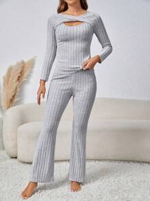 SHEIN Unity Của phụ nữ Mùa Thu /đông Thời gian rảnh rỗi Sọc Hai chiếc Bộ - Xám - Xem 5
