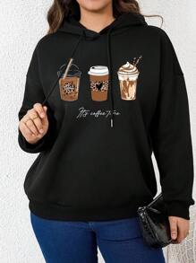 SHEIN LUNE Áo nỉ nữ cỡ lớn màu cà phê in chữ, có dây rút. - màu đen - Xem 1