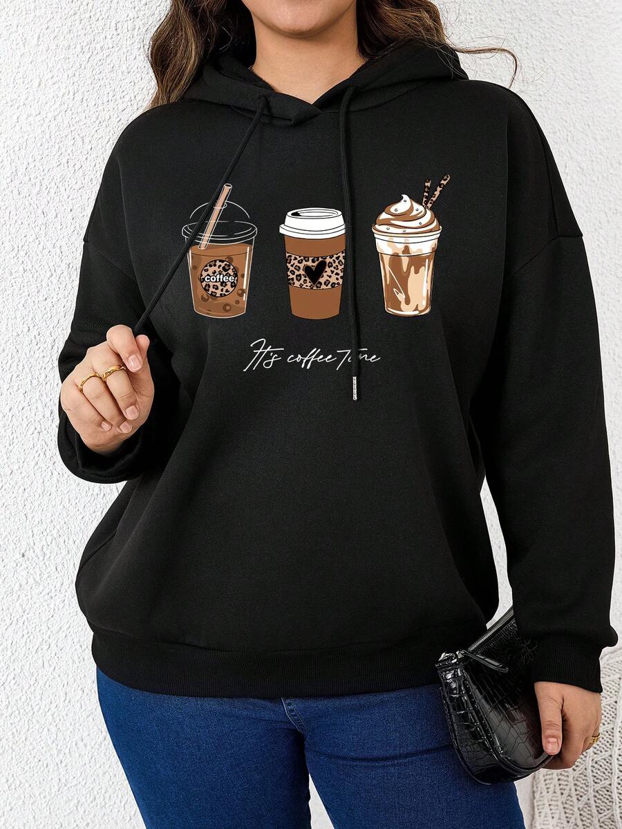 SHEIN LUNE Áo nỉ nữ cỡ lớn màu cà phê in chữ, có dây rút. - màu đen - Xem 1