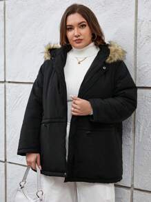 SHEIN Essnce Áo khoác đệm ấm áp và tiện dụng cỡ lớn cho phụ nữ vào năm mới và giáng sinh - màu đen - Xem 4