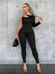 SHEIN SXY 女用不對稱領口緊身連身褲 - 黑色 - 查看 5