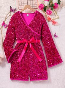 青少年女孩亮片長袖高腰華麗派對連身衣 - 玫紅色 - 查看 1