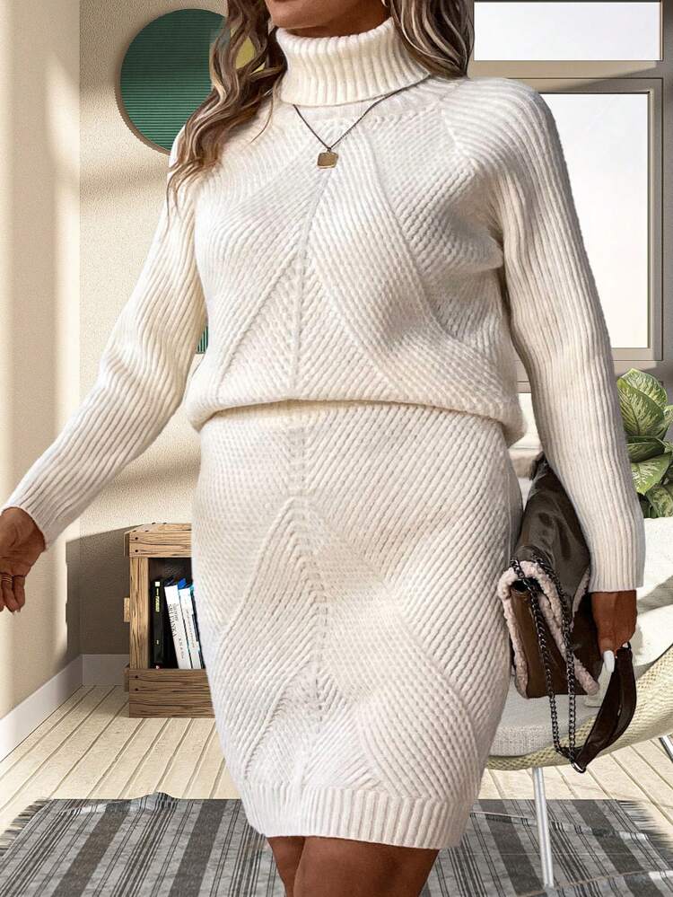 Plus Size Turtleneck Raglan Sleeve Sweater And Knitted Skirt Set Fall Cloth For Women