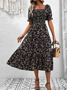 Breezaya Women's Floral Shirred Dress - Black - View 1