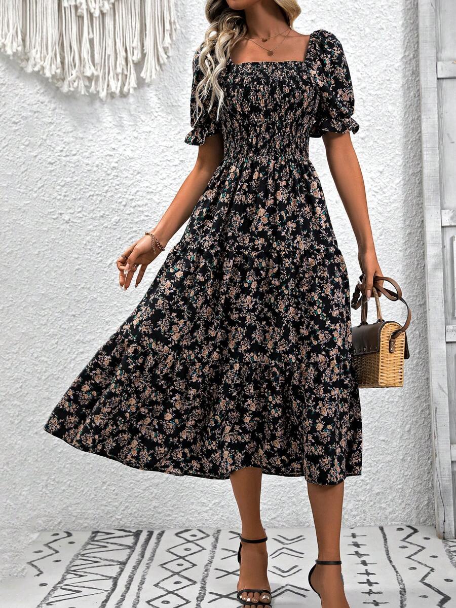 Breezaya Women's Floral Shirred Dress - Black - View 1